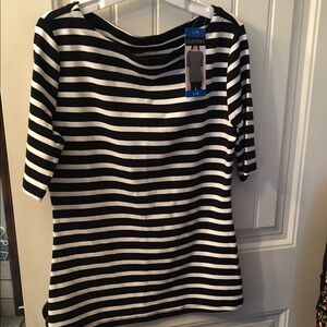 Ellen Tracy Black and White Striped Short Sleeve Top